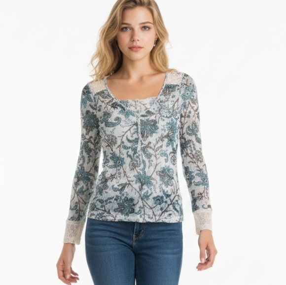 Source Unknown Tops - Y2K 90's Blue Floral Semi Sheer Mesh Tulle Beige Lace Trim Fitted Henley Top S E